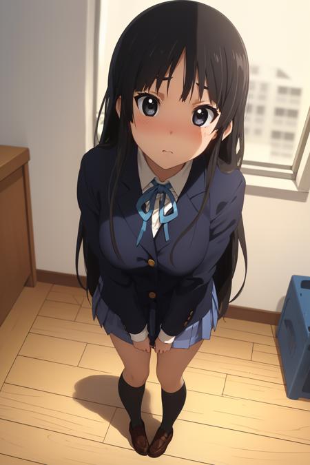 73798-242889074-_lora_MioAkiyama_0.75_, (((POV, top view, standing, bedroom))), (shy, blush_1.4), (1girl, solo, long hair, black hair, skirt, sh.png